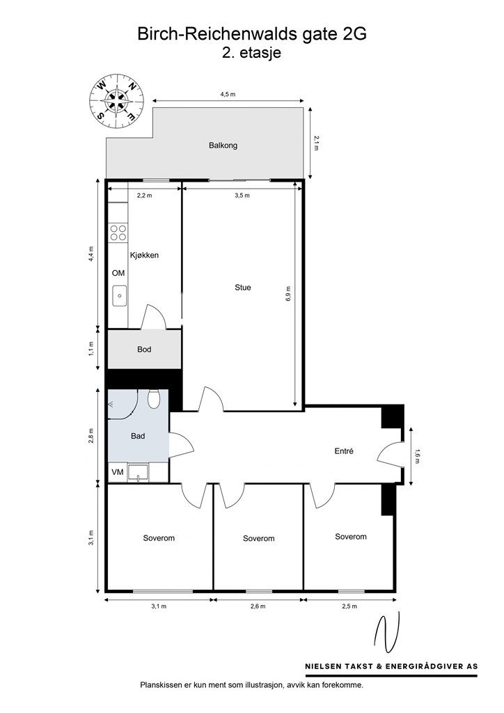 Leiligheten har en arealeffektiv og familievennlig planløsning med tre soverom og åpen stue-kjøkkenløsning.