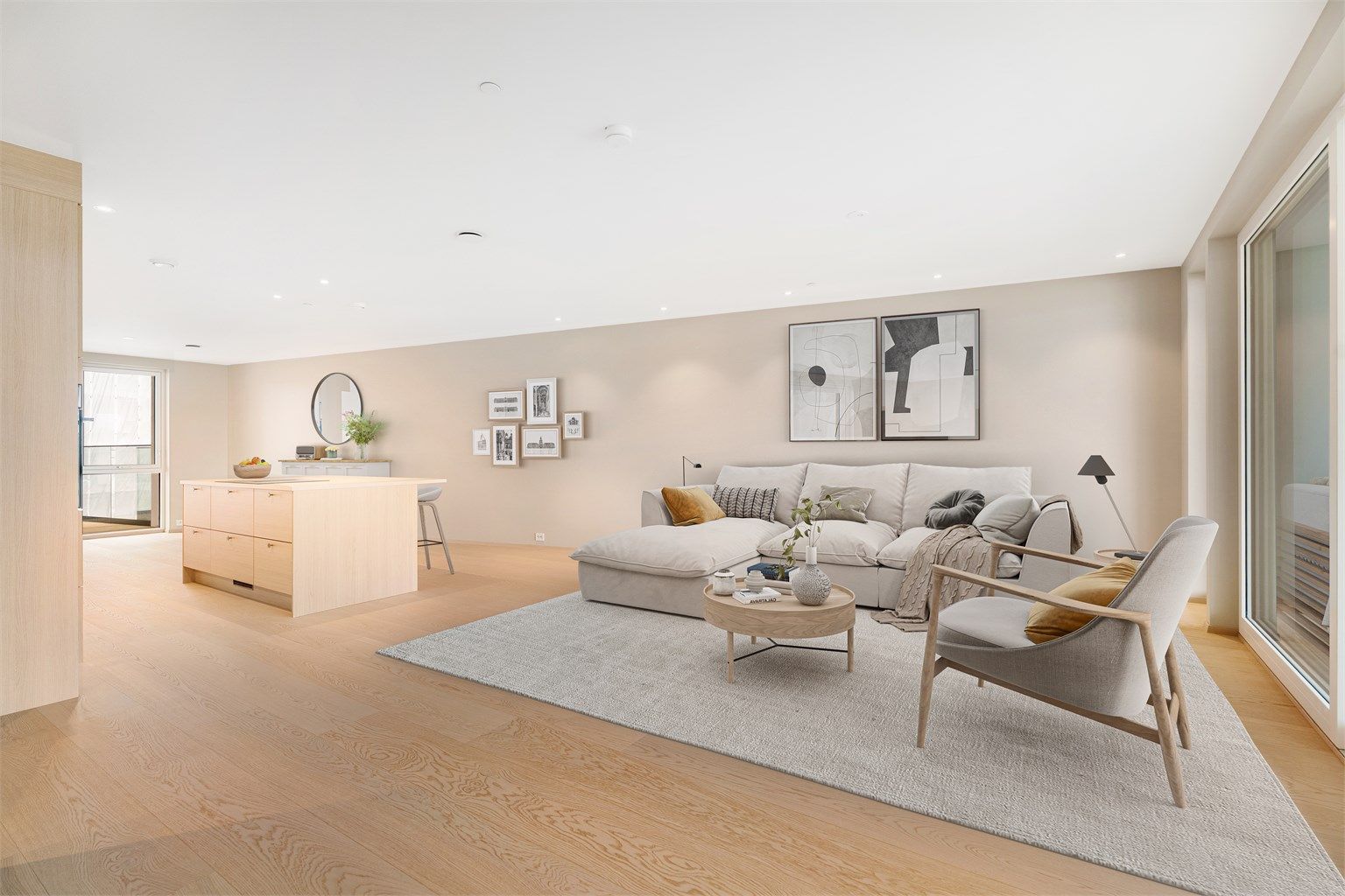 Åpen løsning som skaper et naturlig samlingspunkt i boligen.