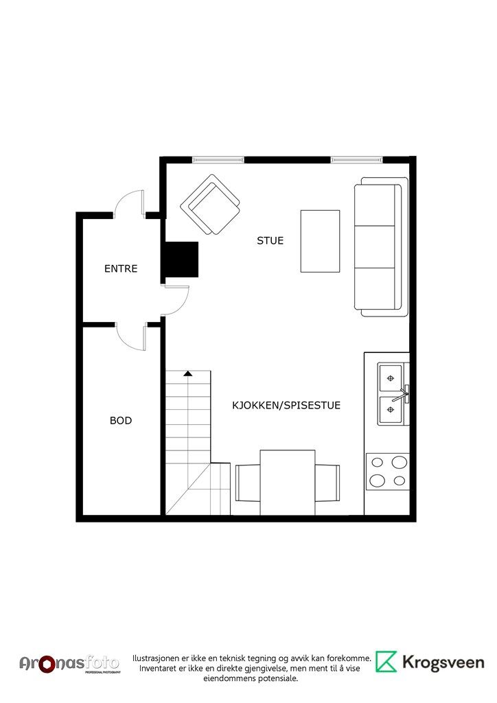 Første etasje har en arealeffektiv planløsning med entré, en praktisk bod og en åpen stue- og kjøkkenløsning.