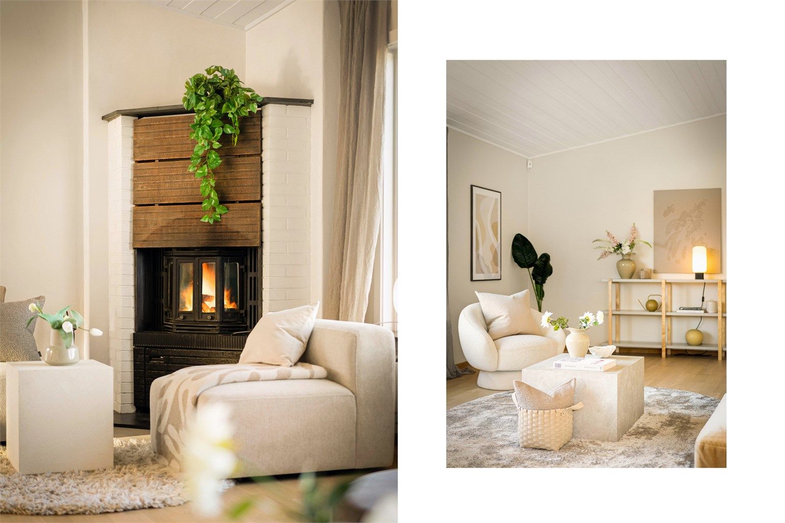 Stue med peisovn og høy himling.