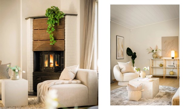 Stue med peisovn og høy himling.