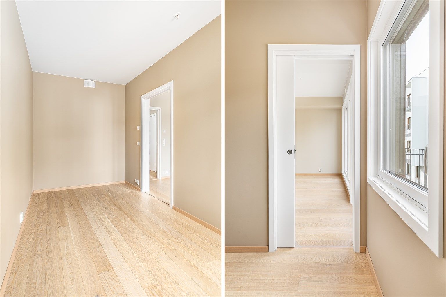 Plassbesparende skyvedører gir tilgang til hver sin side av en eventuell dobbeltseng. Innerst i soverommet er det plass til skap eller skyvedørsgarderobe.