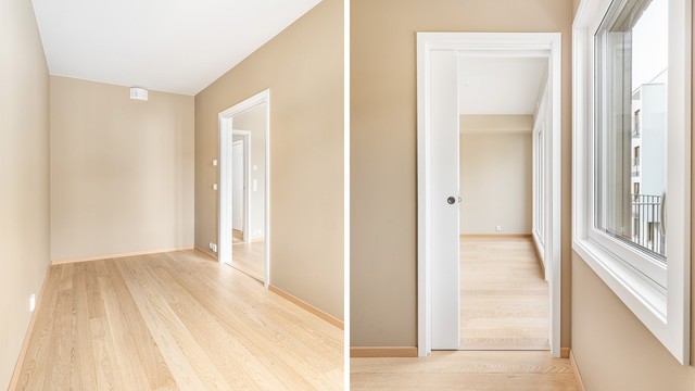Plassbesparende skyvedører gir tilgang til hver sin side av en eventuell dobbeltseng. Innerst i soverommet er det plass til skap eller skyvedørsgarderobe.