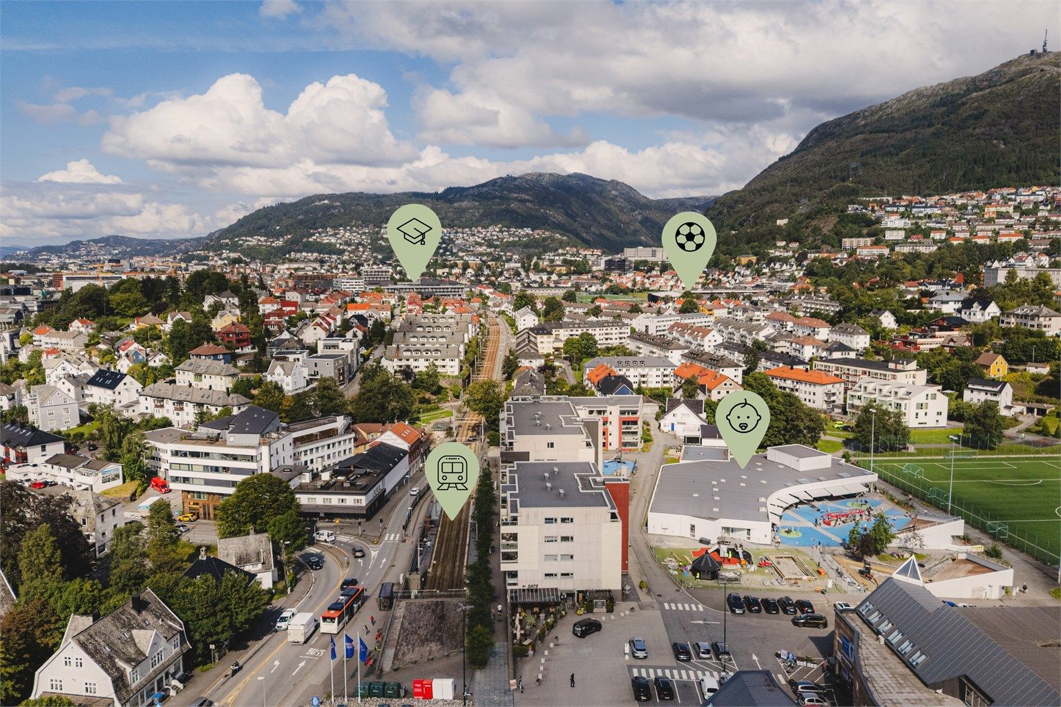 Bildet viser nærhet til bla. Brann stadion og Høgskulen på Vestlandet