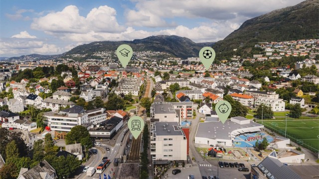 Bildet viser nærhet til bla. Brann stadion og Høgskulen på Vestlandet