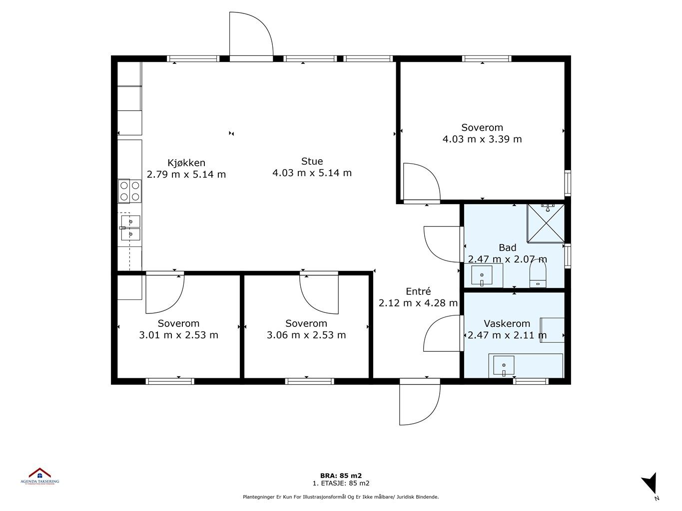 Plantegning med innvendige mål og himmelretning. 