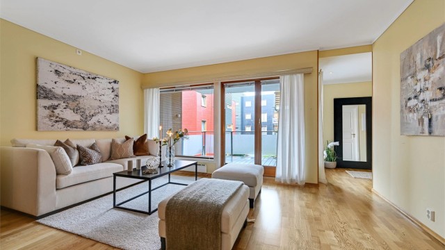 TV-stue med god plass og utgang til terrasse. Her er det også gasspeis.