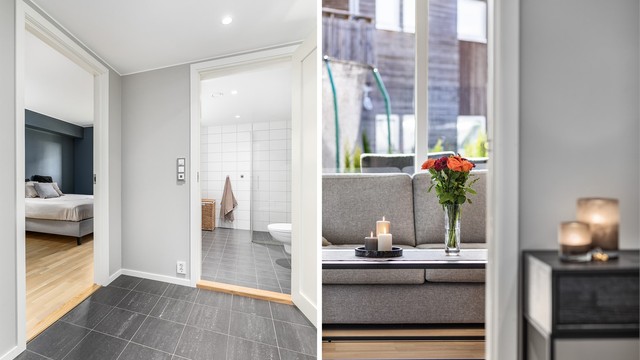 Badet og soverommet er samlet i praktisk nærhet ved entreen.
