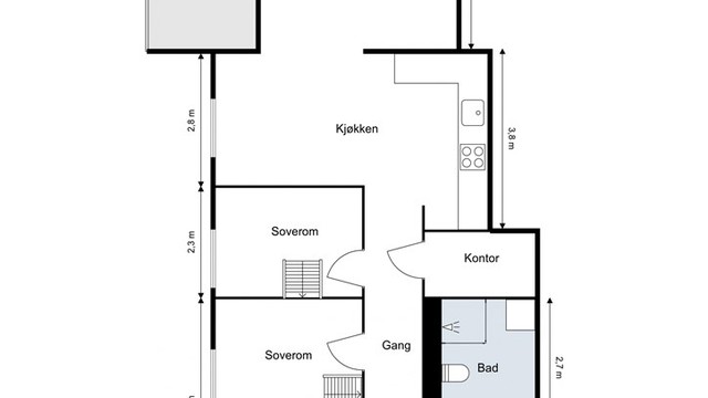Smart og fleksibel planløsning med to soverom, to hemser og en åpen stue- og kjøkkenløsning.