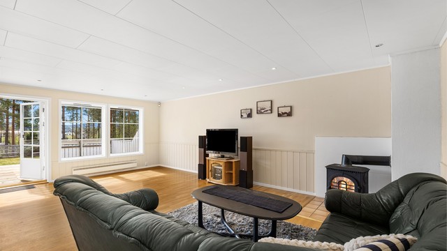 Dagslyset i stuen suppleres ypperlig av downlights i taket, og en peis varmer opp huset når man fyrer opp.