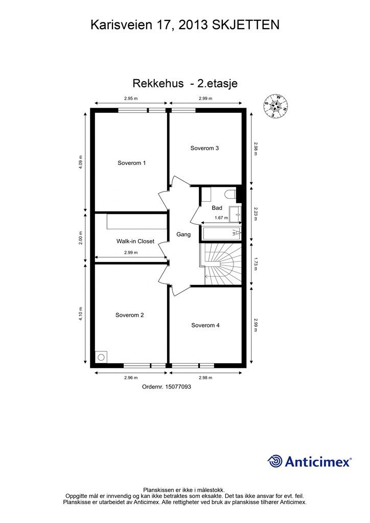 Plantegning for 2. etasje, som rommer fire soverom, bad og et walk-in-closet.