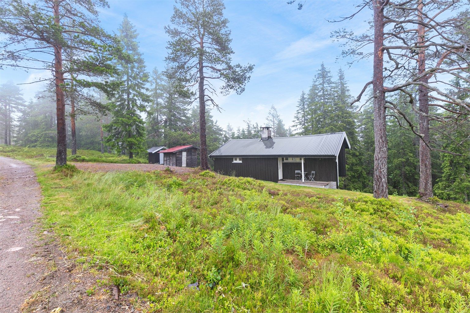 Hytta ligger inntil veien med parkering rett uten for hytten.
Veien er en helårsvei. 