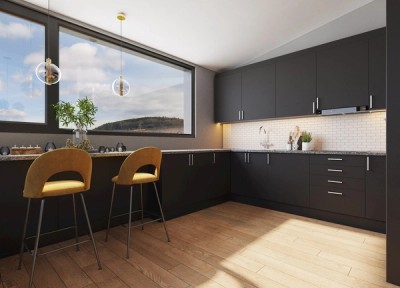 Stilrent kjøkken med store vindusflater