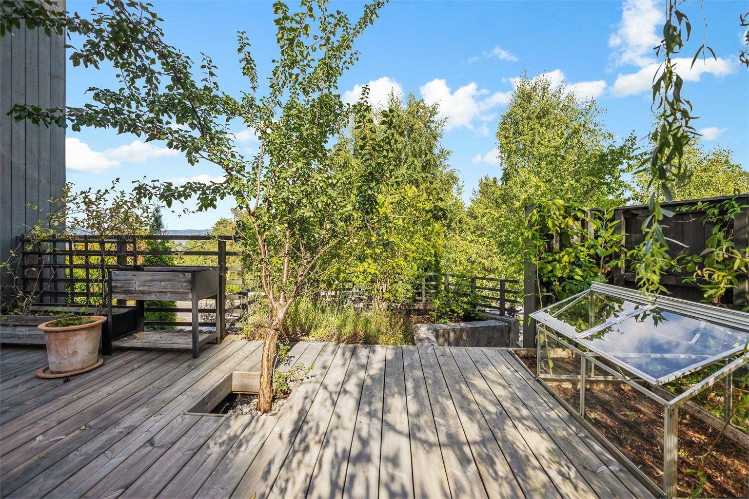 På baksiden av boligen omringet av furutrær finner du en idyllisk terrasse med beplantning, sittegrupper og eget hageareal.