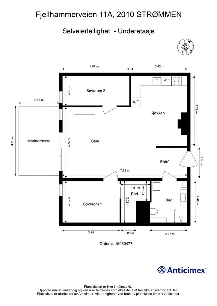 Leiligheten har en arealeffektiv planløsning på 69 m² BRA-i, med to soverom og åpen stue- og kjøkkenløsning.