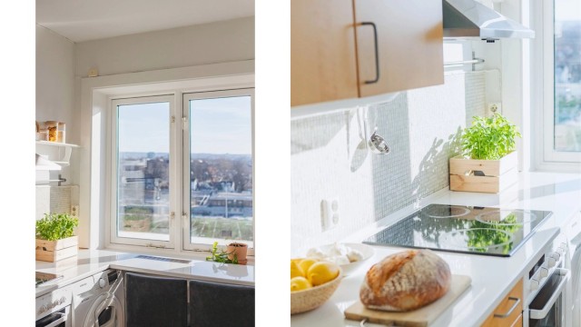 Her har du i en trivelig spiseplass ved vinduet, et ideelt sted for frokosten.