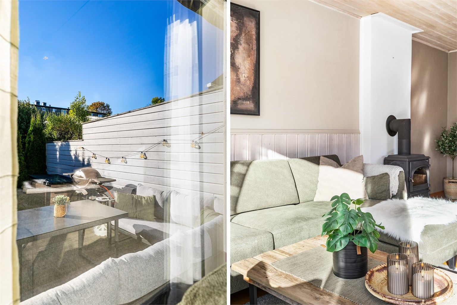 Med kun egen terrasse og tilhørende hage utenfor er det i praksis ikke innsyn til stuen.