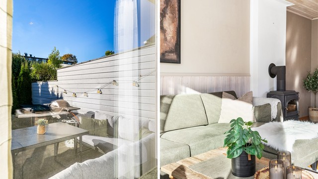 Med kun egen terrasse og tilhørende hage utenfor er det i praksis ikke innsyn til stuen.