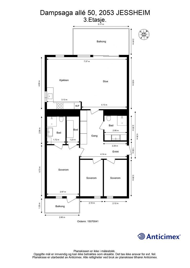Plantegning med innvendige mål og himmelretning.