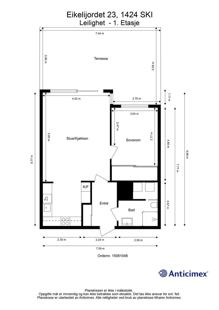 Leiligheten har en arealeffektiv planløsning på 64 m² med åpen stue- og kjøkkenløsning, ett soverom og bad.