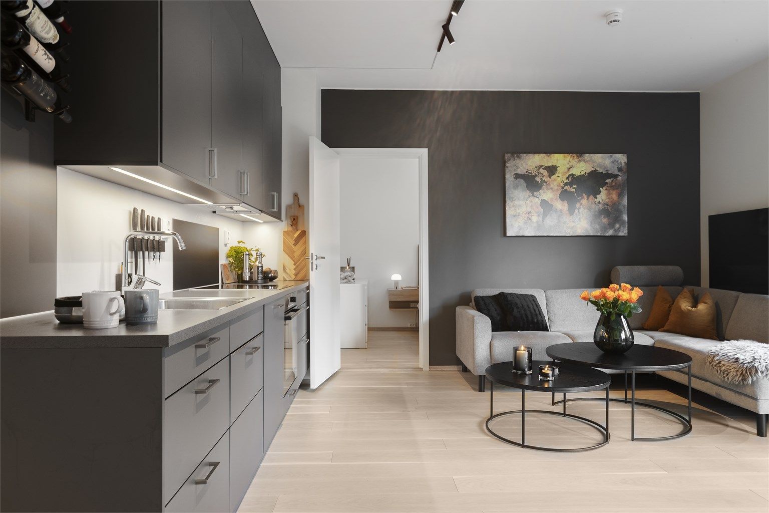Stue og kjøkken i ett, med plass til både sofagruppe og spisebord.