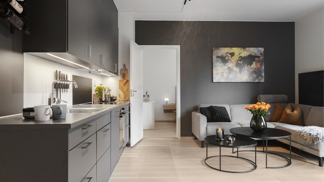 Stue og kjøkken i ett, med plass til både sofagruppe og spisebord.