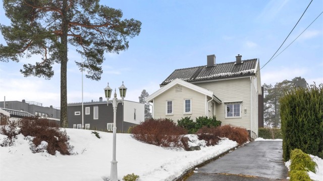 Solrik tomt som er pent opparbeidet med plenareal, trær og beplantning