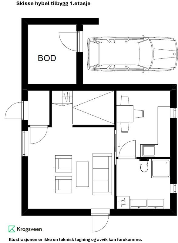 Alternativ planskisse hvor master-suite er endret og tilrettelagt som hybel