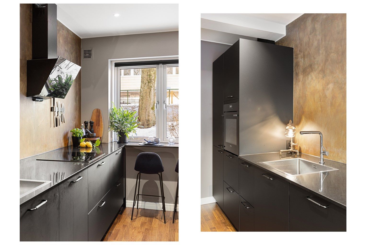 Integrerte hvitevarer: oppvaskmaskin, stekeovn, induksjonstopp, vinkjøler og kjøleskap med frysedel. Fritthengende ventilator med kullfilter. Det er montert automatisk lekkasjesikring og komfyrvakt.