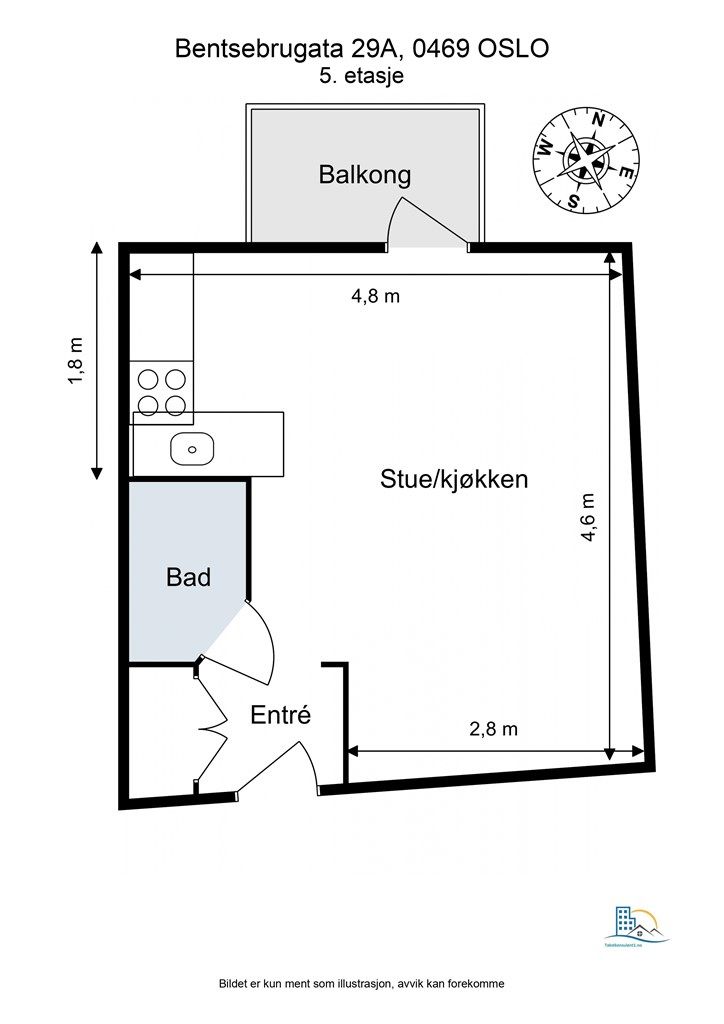 Leiligheten har en arealeffektiv planløsning med åpen stue- og kjøkkenløsning.