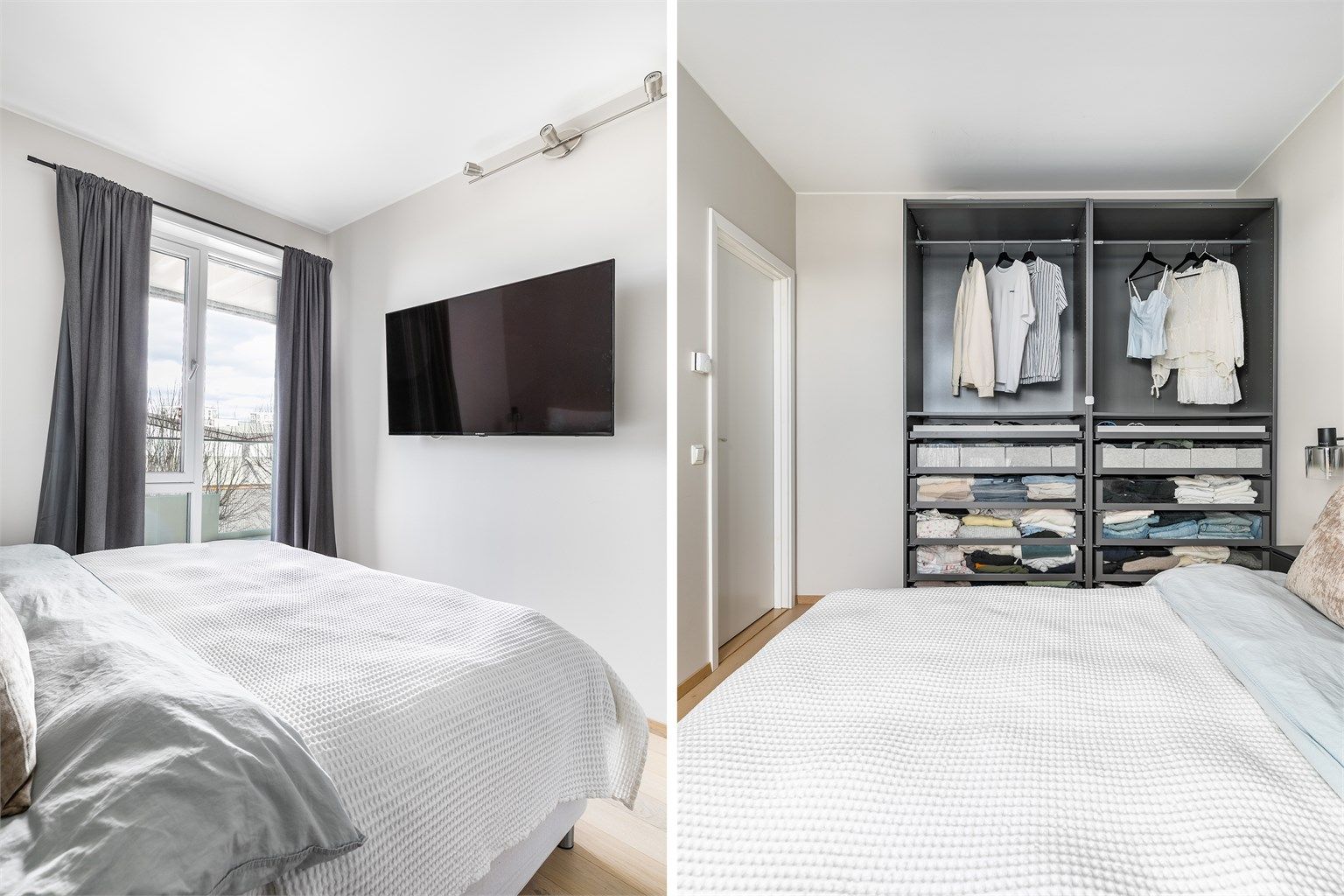 Garderobeinnredningen er i serien Pax fra IKEA og medfølger ikke.