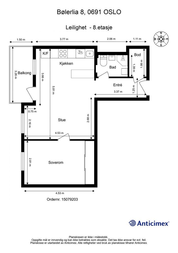 Planløsningen på 47 m² er arealeffektiv og gir en god romfølelse.