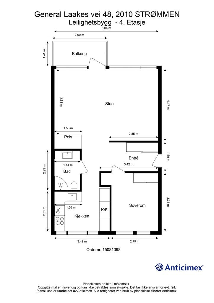Leiligheten på 58 m² har en arealeffektiv planløsning med separat soverom. I tillegg medfølger to boder i kjeller på til sammen 6 m².