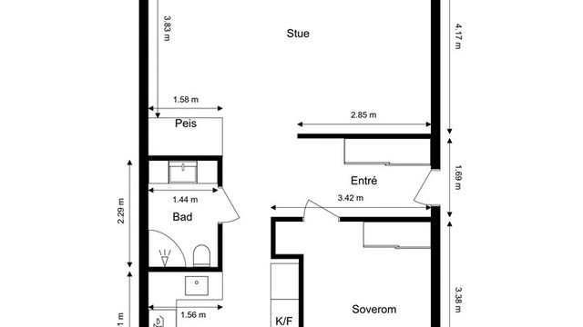 Leiligheten på 58 m² har en arealeffektiv planløsning med separat soverom. I tillegg medfølger to boder i kjeller på til sammen 6 m².