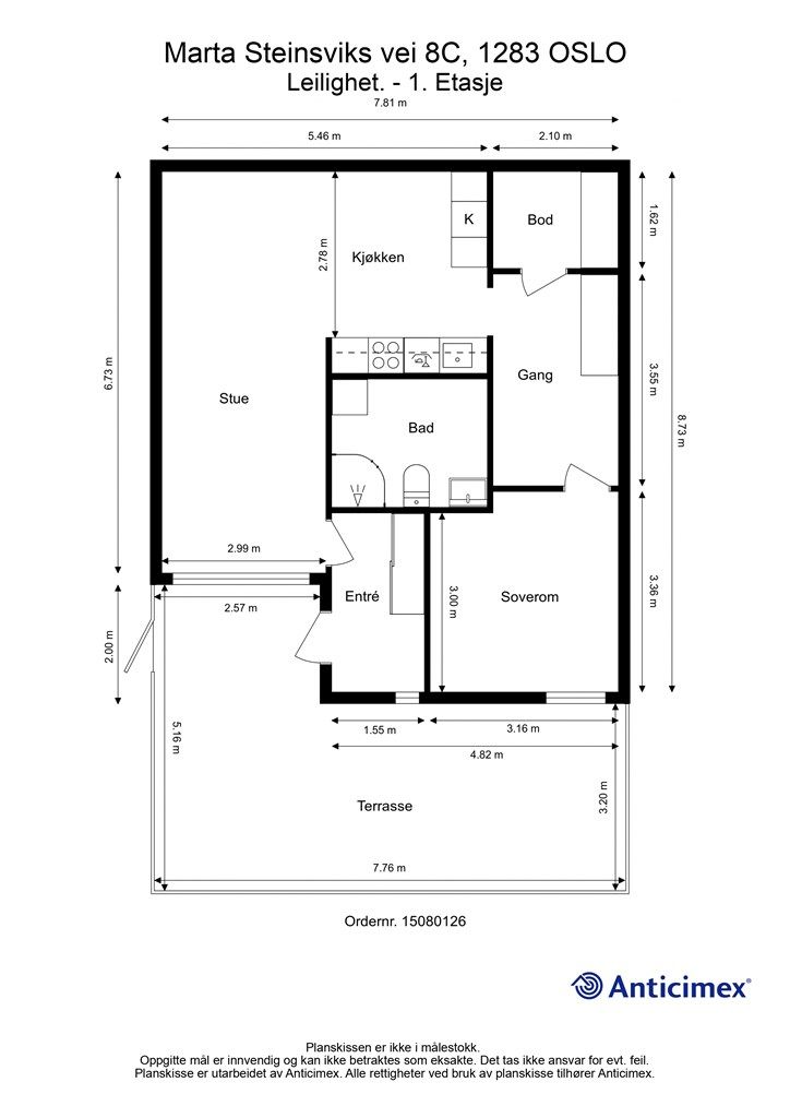 Leiligheten har en gjennomtenkt planløsning på 62 m² med soverom og bad adskilt fra de sosiale sonene.