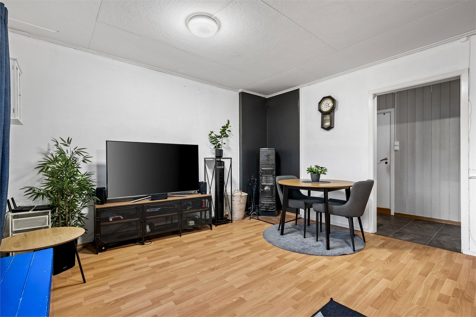 Romslig stue med vedovn