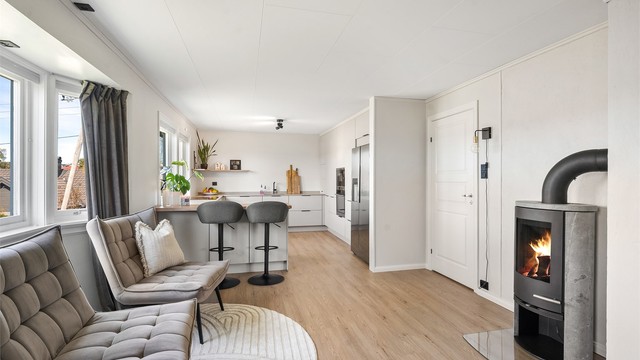 En peisovn med glassdør gir ekstra varme og hygge i stuen.