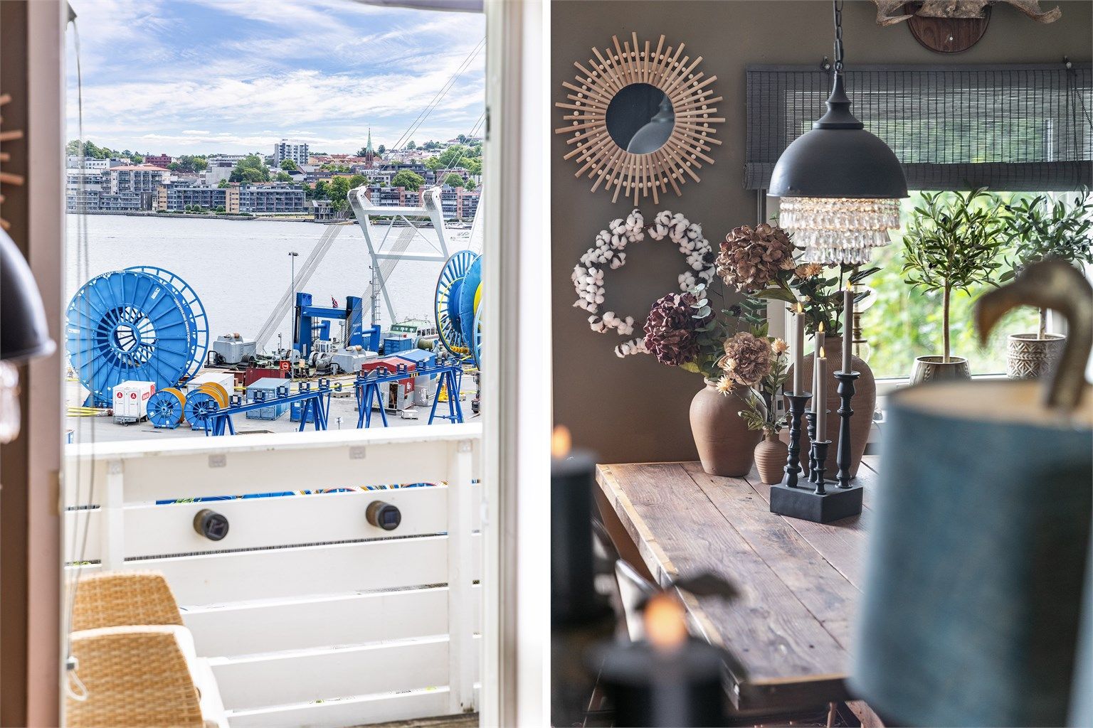 Sjøutsikt sees gjennom de fleste av stuens vinduer.