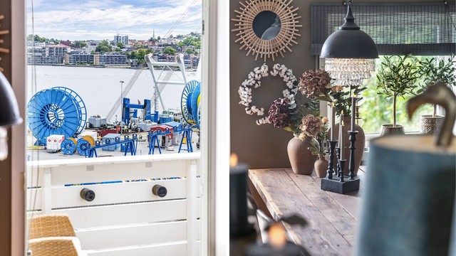 Sjøutsikt sees gjennom de fleste av stuens vinduer.