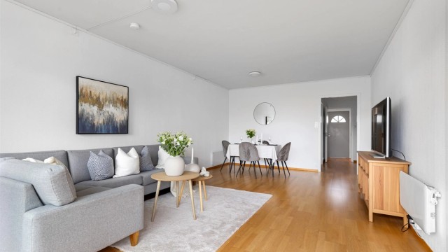 Leiligheten har en romslig stue og har plass til både sofagruppe og spisebord.