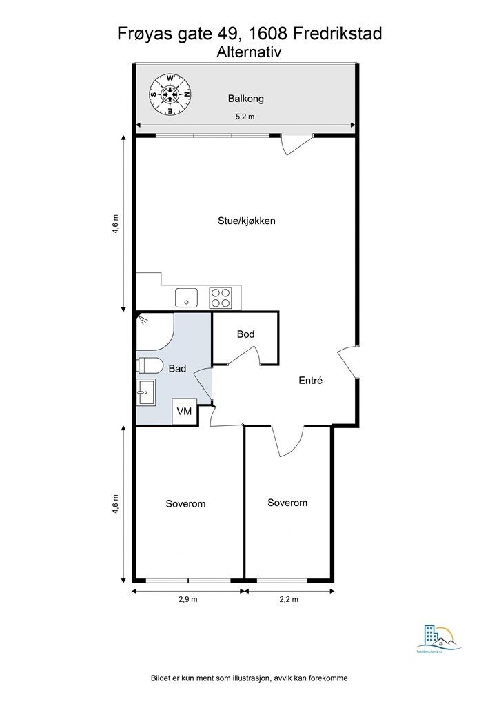 Alternativ planløsning med 2 soverom