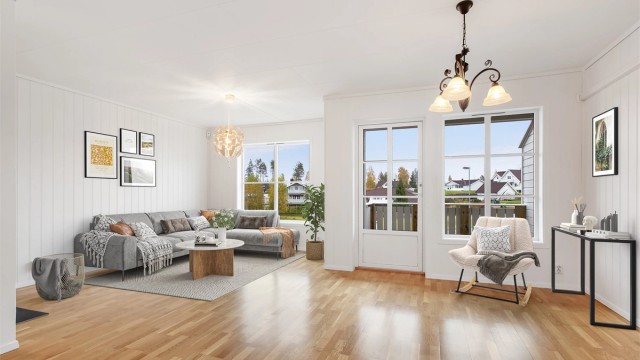 Velkommen til Jens Olsens veg 44 - En flott tomannsbolig over to etasjer. Bildet er digitalstylet.