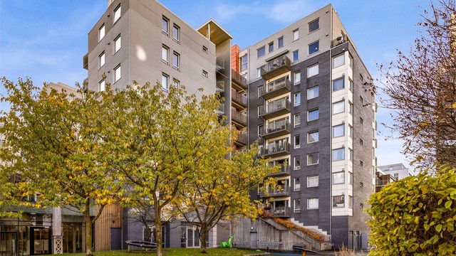 Sameiets fellesarealer er opparbeidet med diverse beplanting, lekeapparater og trær.