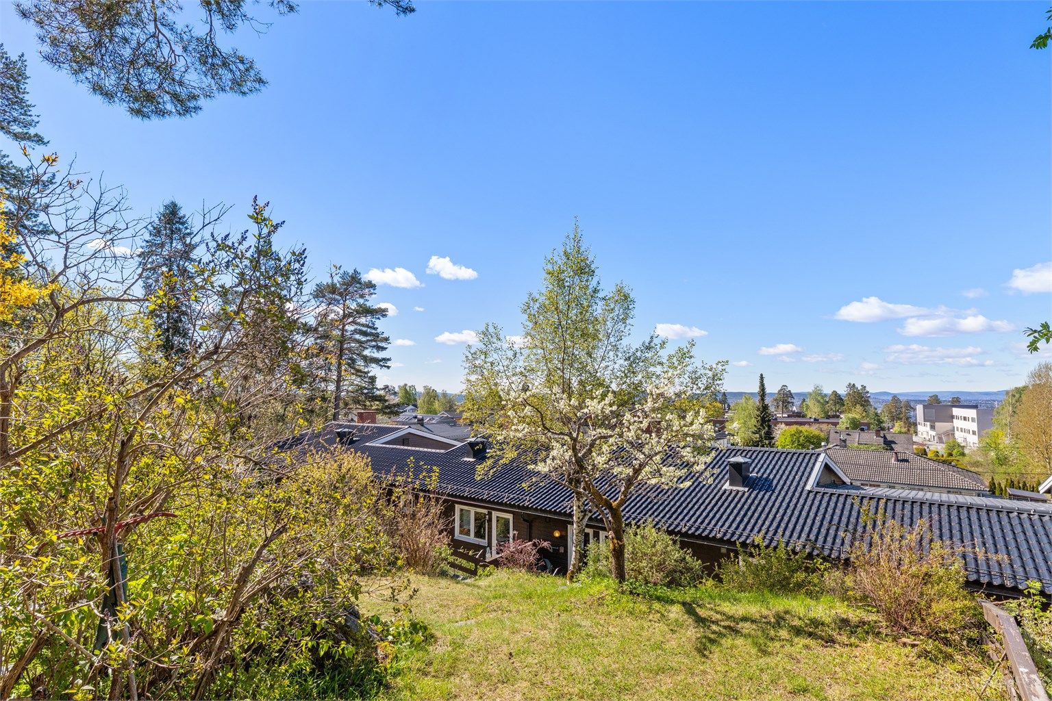 Sjarmerende og solrik bakhage som ligger høyt og luftig, med utsikt