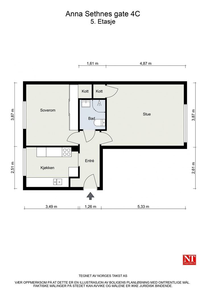 Planløsning. Det er mulighet for å flytte kjøkken ut i stuen for å etablere et ekstra soverom i tillegg til å utvide baderommet ved å fjerne kottene. Kjøper overtar ansvar og risiko ved en slik ombygging.