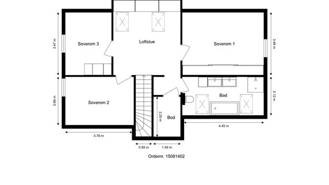 Andre etasje med tre soverom, en fleksibel loftstue og et romslig hovedbad. Perfekt for familien.