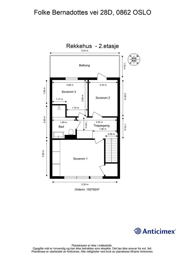 Planskisse 2. etasje. Det er adkomst til lagringsloft via takluke med nedfellbar stige