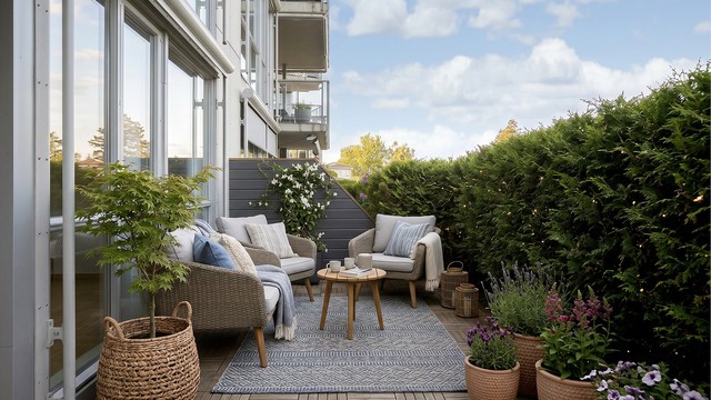 Fra stuen er det utgang til en romslig, nordvestvendt terrasse på 19 m² (KI-redigert).