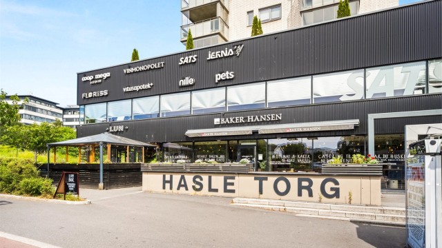 Hasle Torg er like ved, med blant annet Coop Mega, Baker Hansen, Vitus Apotek, Vinmonopolet, Nille, Jernia, Floriss blomster, treningssenterkjeden SATS m.m.