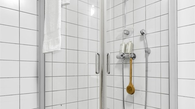 Videre er det dusjsone med glassdører.